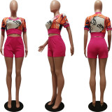 Print V Neck Crop Tops And Shorts Sport 2 Piece Set CM-8681