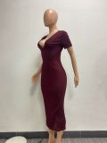 Casual Solid Color V Neck Long Dress NYF-8144