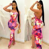 Slim Fit Backless Printed Maxi Dress LSL-6441