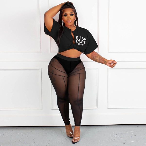 Letter Print Knotting Tops And Mesh Pant Two Piece Set YNSF-2602