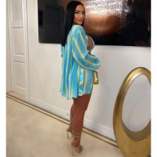 Casual Stripe Long Sleeve Shirt Three Piece Shorts Set WAF-77571