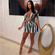 Casual Stripe Short Sleeve Shirt Three Piece Shorts Set WAF-77573