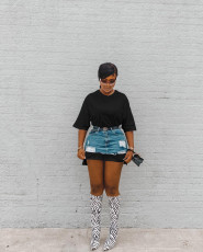 Denim Skirts And T Shirt Combo Two Piece Set(Without Waist Belt) YMEF-5205