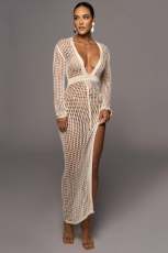 Hollow Out Knits V Neck Slit Maxi Dress ZSD-0283