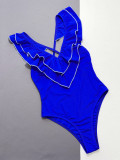 Solid Ruffle V Neck One Piece Swimsuit CSYZ-A15H