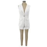 Solid Sleeveless Blazer Coat And Shorts Two Piece Set AIL-242