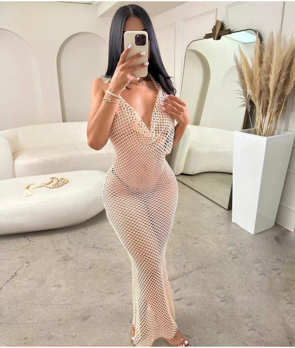 Mesh Backless Sexy Hollow Out Maxi Dress QXTF-8162