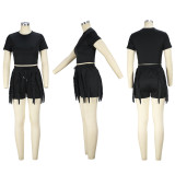 Solid Short Sleeve T Shirt And Tassel Shorts 2 Piece Set XHSY-19571