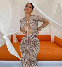 Casual Print Hollow Bandage Mermaid Dress GDNY-1004