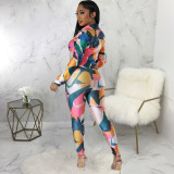 Print Long Sleeve Irregular Tops And Pants 2 Piece Set SMR-11973