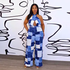 Plus Size Print Sleeveless Tie Up Loose Jumpsuit WAF-77568