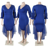 Plus Size Mesh Patchwork Solid Midi Dress NY-2706