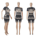 Fashion Print Slit Tops And Shorts Two Piece Set  SHD-9427