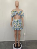 Printed Short Sleeve Crop Top+Pleated Skirt Set BN-9431