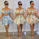 Printed Short Sleeve Crop Top+Pleated Skirt Set BN-9431