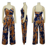 Sexy Print Sling Wide Leg Jumpsuit With Waist Belt YF-10481