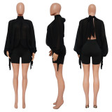 Shawl Laced Up Chiffon Bat Sleeve Top YF-10512