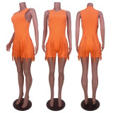 Solid Color Sleeveless Tops And Tassel Shorts 2 Piece Set MDF-5371