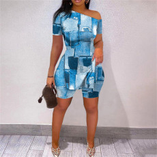 Fashion Print Slit Tops And Shorts Two Piece Set  SHD-9427