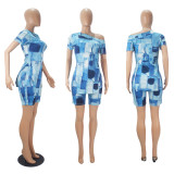 Fashion Print Slit Tops And Shorts Two Piece Set  SHD-9427