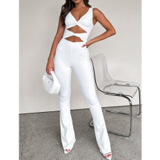 Solid Color Hollow Twist Knot Flare Jumpsuit ASL-6667