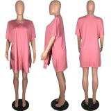 Solid Color Loose Slit Tops And Shorts Two Piece Set WAF-77575