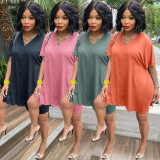 Solid Color Loose Slit Tops And Shorts Two Piece Set WAF-77575