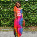 Plus Size Tie Dye Print Deep V Neck Slit Maxi Dress WAF-7146314