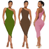 Solid Color Slash Shoulder Midi Dress YD-8741