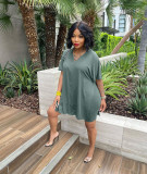 Solid Color Loose Slit Tops And Shorts Two Piece Set WAF-77575
