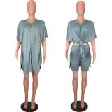 Solid Color Loose Slit Tops And Shorts Two Piece Set WAF-77575