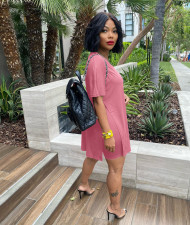 Solid Color Loose Slit Tops And Shorts Two Piece Set WAF-77575