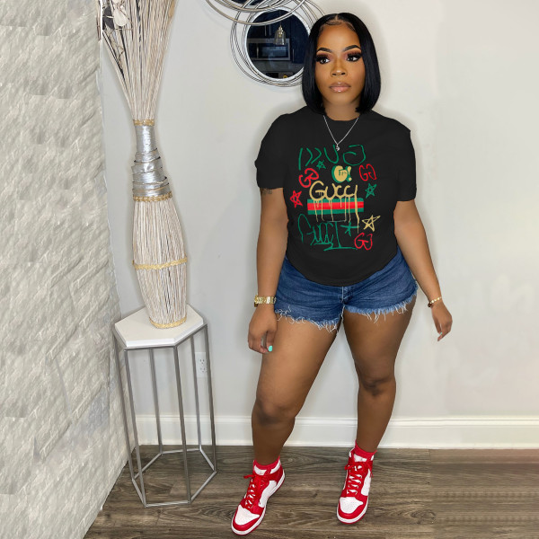 Plus Size Letter Print Short Sleeve T Shirt SFY-2308G