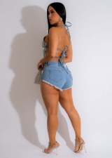 Denim Diamond Tie Up Top Shorts Two Piece Set CM-8680