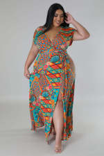 Plus Size Print Short Sleeve Maxi Dress TE-4627