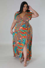 Plus Size Print Short Sleeve Maxi Dress TE-4627