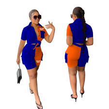 Contrast Color Letter Print Pocket Shirt And Shorts Two Piece Set MAE-2185