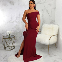 Slash Shoulder V Neck Slit Maxi Dress SMR-11882