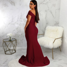 Slash Shoulder V Neck Slit Maxi Dress SMR-11882