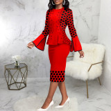 Fashion Print Flare Long Sleeve Midi Dress SMR-11959