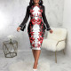 Fashion Print Long Sleeve Midi Dress SMR-11967