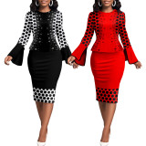 Fashion Print Flare Long Sleeve Midi Dress SMR-11959