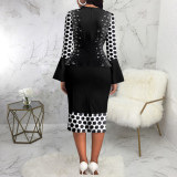 Fashion Print Flare Long Sleeve Midi Dress SMR-11959