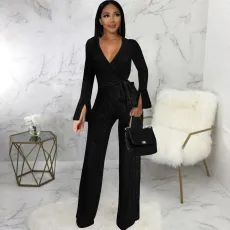 Solid Color V Neck Jumpsuit SMR-11978