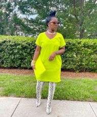 Solid V Neck Short Sleeve Midi Dress WAF-77578