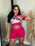 Print Lapel Neck Crop Tops And Shorts Sweater Suit OSM-4397