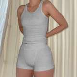 Ribber Solid Color Sleeveless Two Piece Shorts Set CH-23050