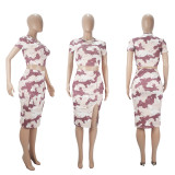 Camo Print Tops And Slit Skirt Two Piece Set SHD-9604