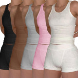 Ribber Solid Color Sleeveless Two Piece Shorts Set CH-23050