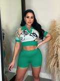 Print Lapel Neck Crop Tops And Shorts Sweater Suit OSM-4397